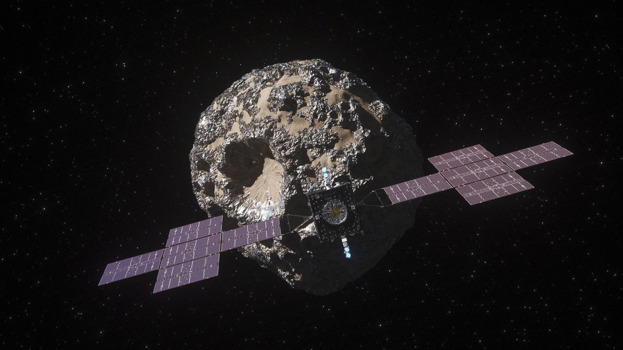 This illustration, updated in April 2022, depicts NASA's Psyche spacecraft. The Psyche mission will explore a metal-rich asteroid of the same name that lies in the main asteroid belt between Mars and Jupiter. (NASA's Jet Propulsion Lab)