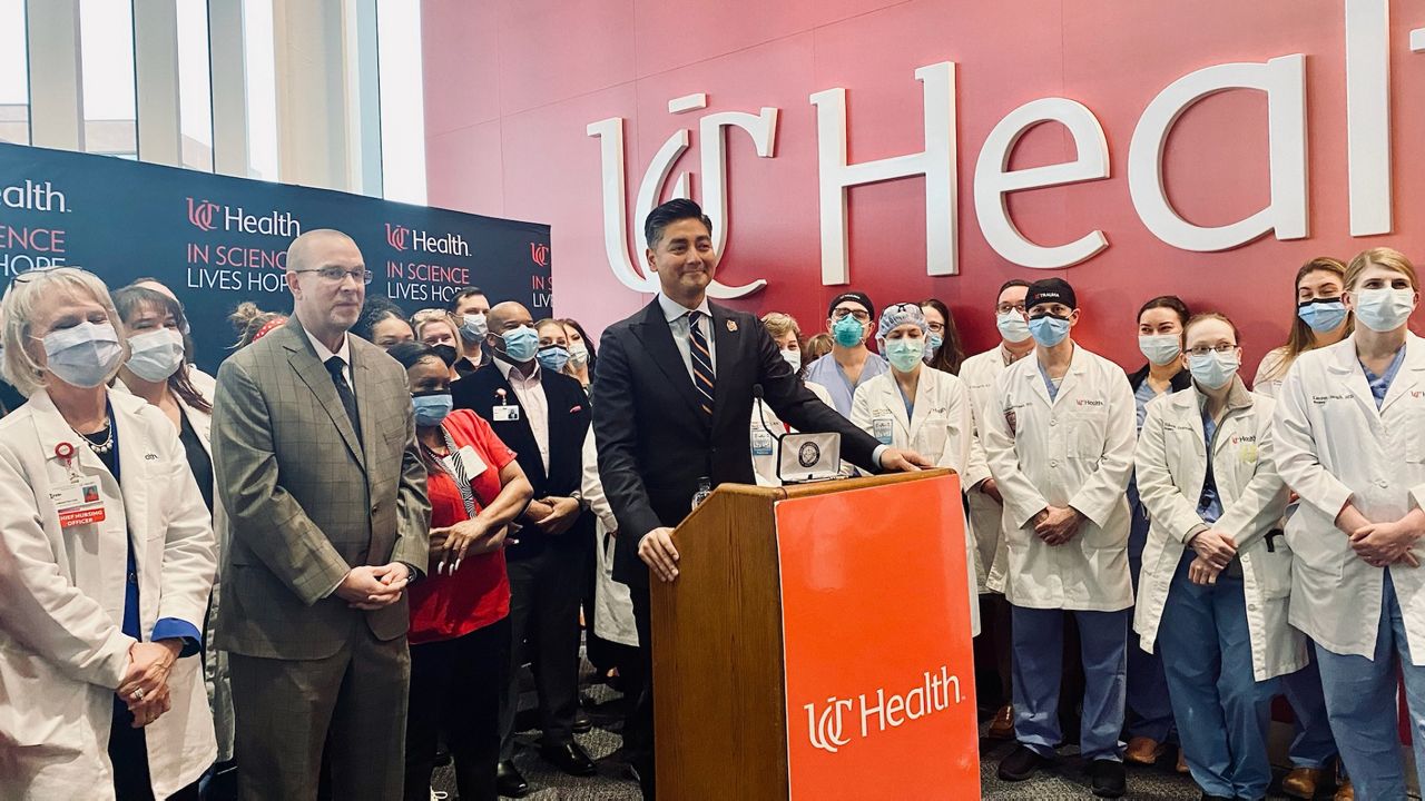 Mayor Aftab Pureval gave UC Medical Center a key to the city during a ceremony inside the Level 1 trauma center's lobby. (Casey Weldon/Spectrum News 1)