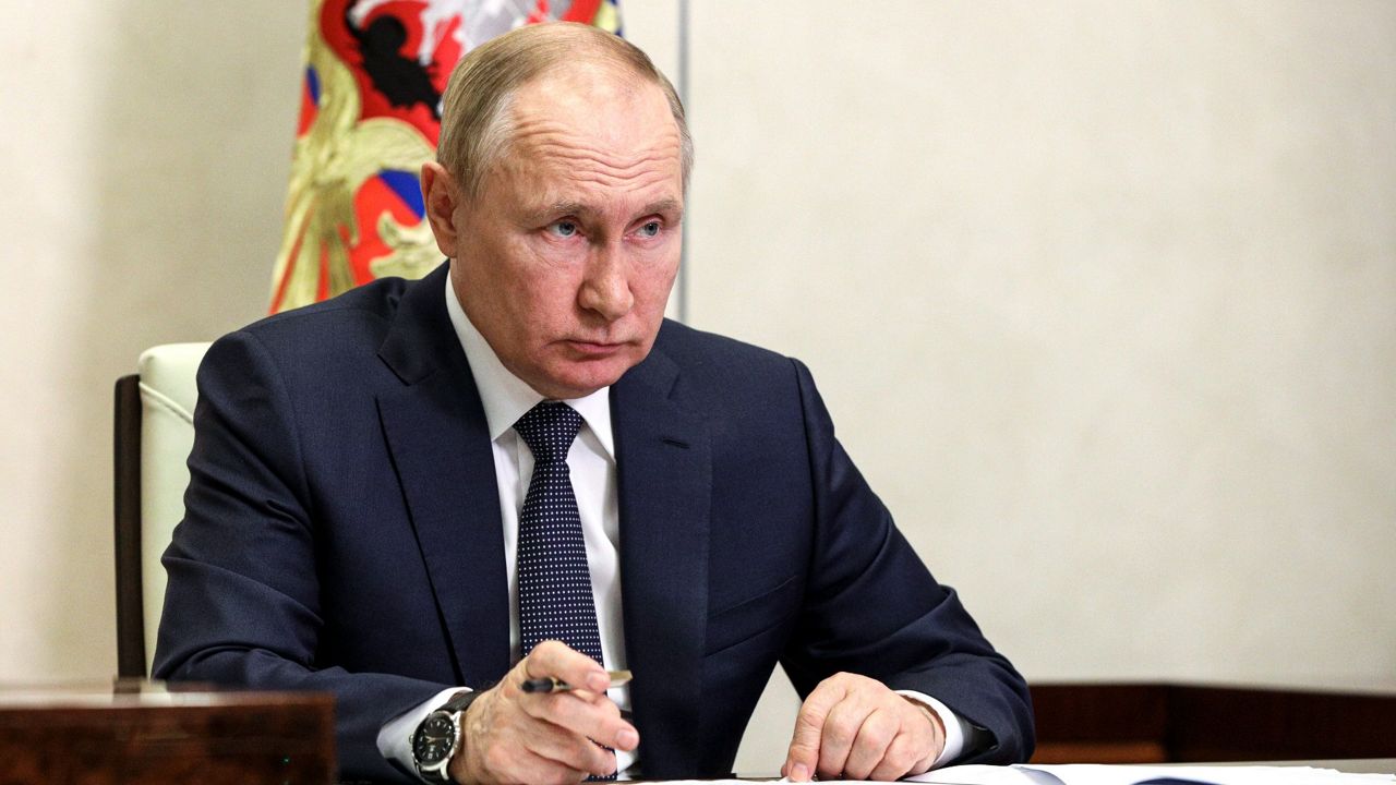 Russian President Vladimir Putin chairs a meeting of the Council for Strategic Development and National Projects via videoconference at the Novo-Ogaryovo residence outside Moscow, Russia, Monday, July 18, 2022. (Mikhail Klimentyev, Sputnik, Kremlin Pool Photo via AP)