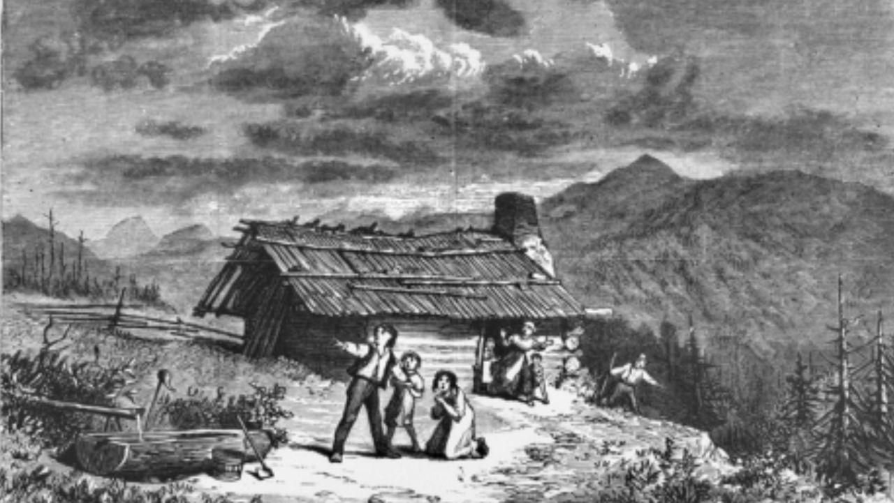 Illustration from 1874 shows frightened settlers near Rumbling Bald Mountain.
