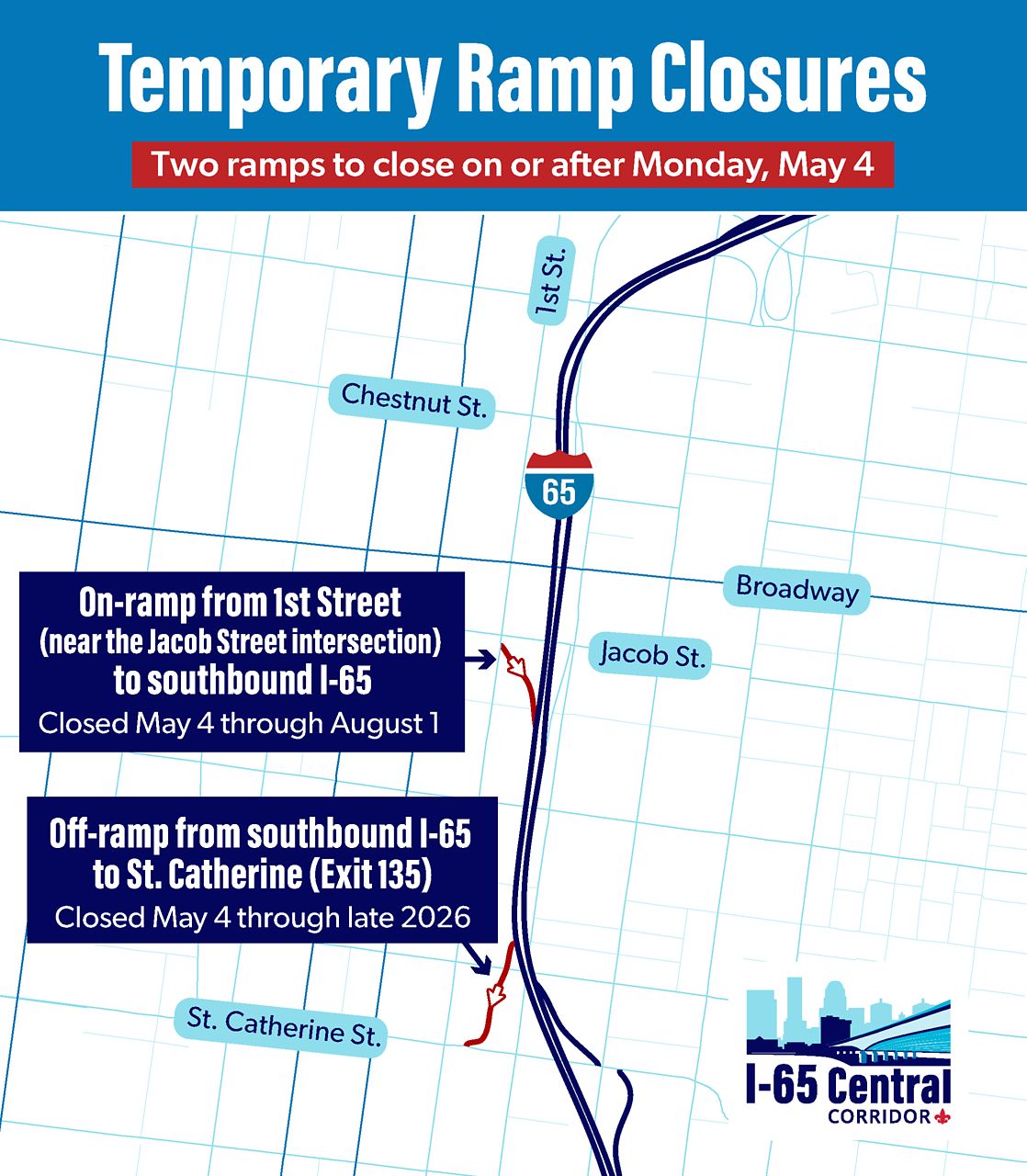 Louisville I-65 ramp and lane closures