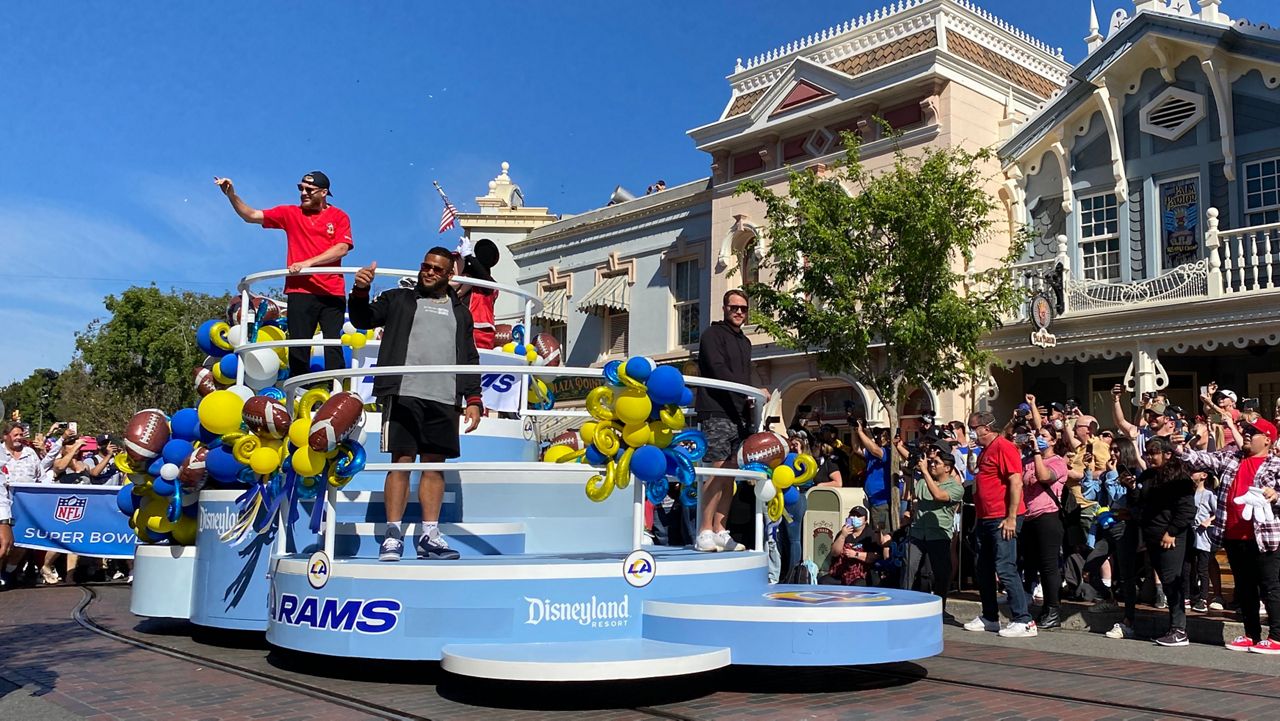 Rams players celebrate Super Bowl win at Disneyland