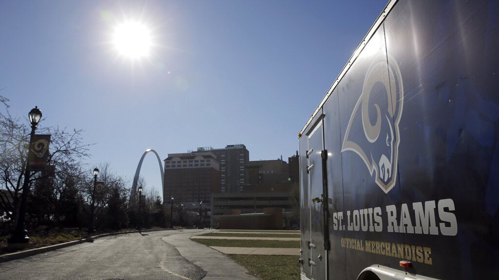 A merchandise trailer sits outside the Edward Jones Dome, former home of the St. Louis Rams, Wednesday, Jan. 13, 2016, in St. Louis. (AP Photo/Jeff Roberson)