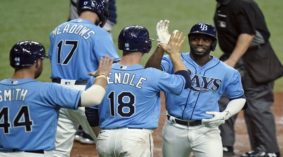 Randy Arozarena of the Tampa Bay Rays celebrates his two run home