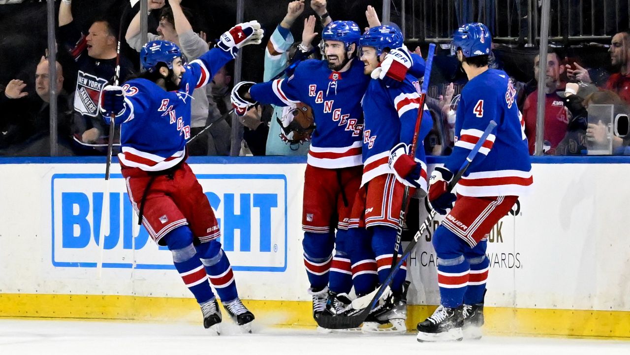 Jack Roslovic celebrates his goal during a game against the Ottawa Senators in New York on Monday, April 15, 2024.