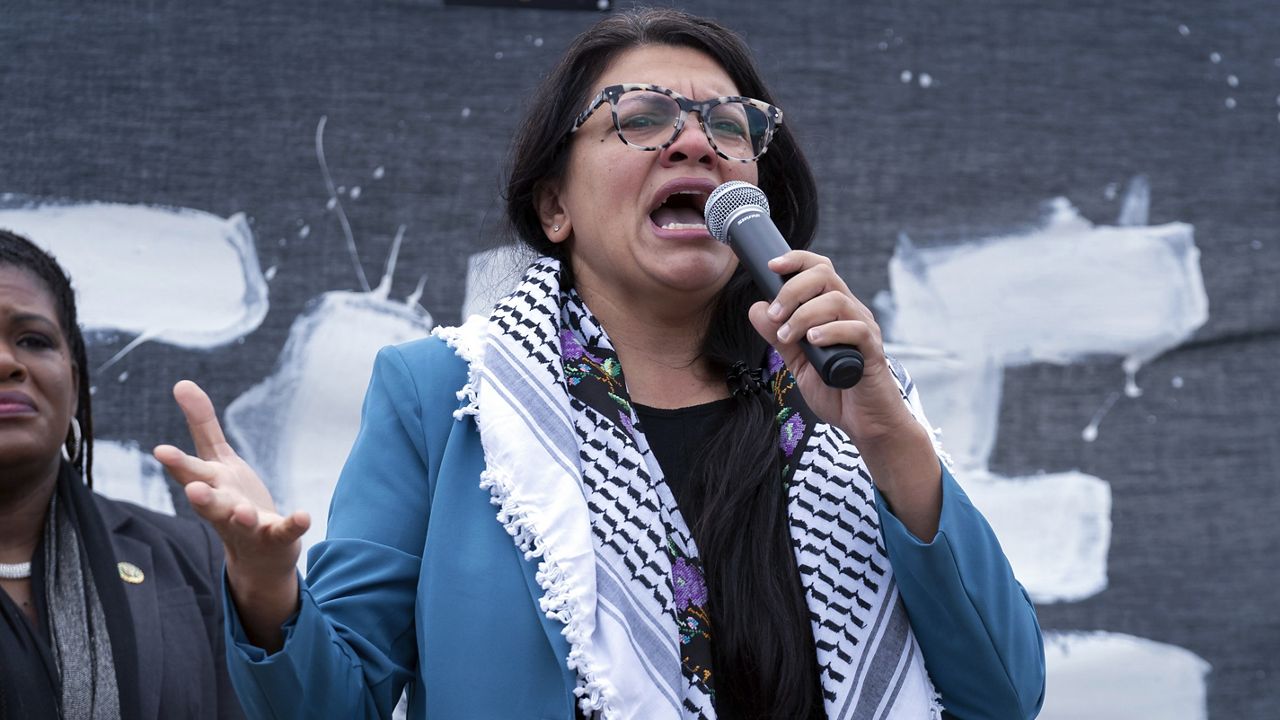 Rep. Rashida Tlaib speaks during a pro-Palestinian demonstration in Washington on Friday, Oct. 20, 2023.