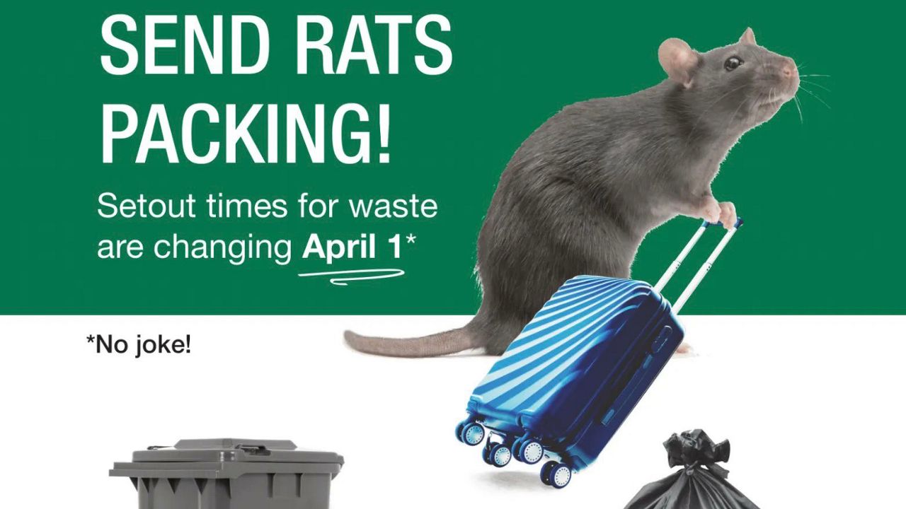A rat is seen wheeling a blue hardshell suitcase next to the words "Send Rats Packing."