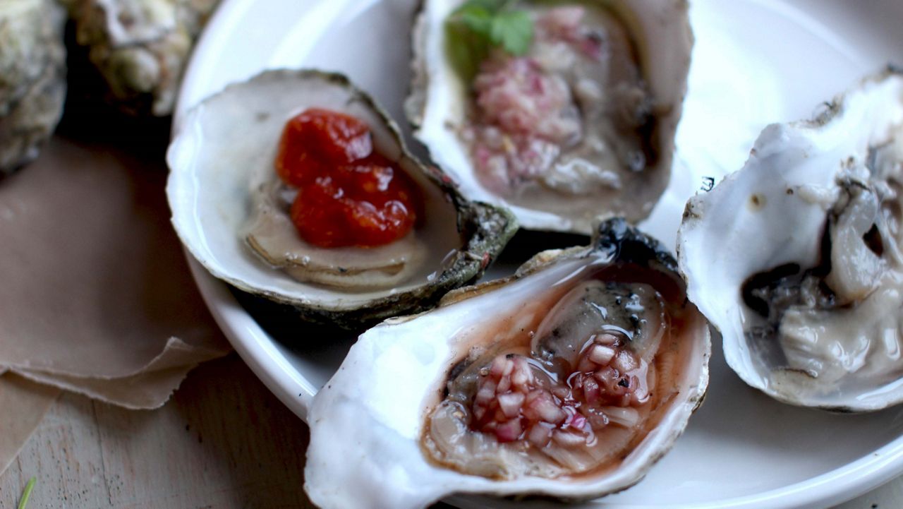 This Nov. 30, 2015 photo shows raw oysters in Concord, NH. (AP Photo/Matthew Mead)