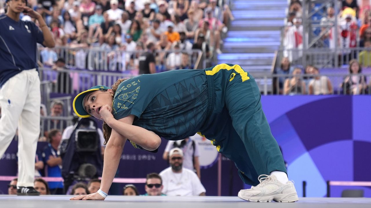 Australia's Rachael Gunn, known as B-Girl Raygun, competes during the Round Robin Battle at the breaking competition at La Concorde Urban Park at the 2024 Summer Olympics, Aug. 9, 2024, in Paris, France. (AP Photo/Frank Franklin, File)