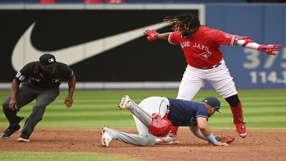 Toronto Blue Jays first baseman Vladimir Guerrero Jr. reacts after sliding safely into into second base for a two-run double.