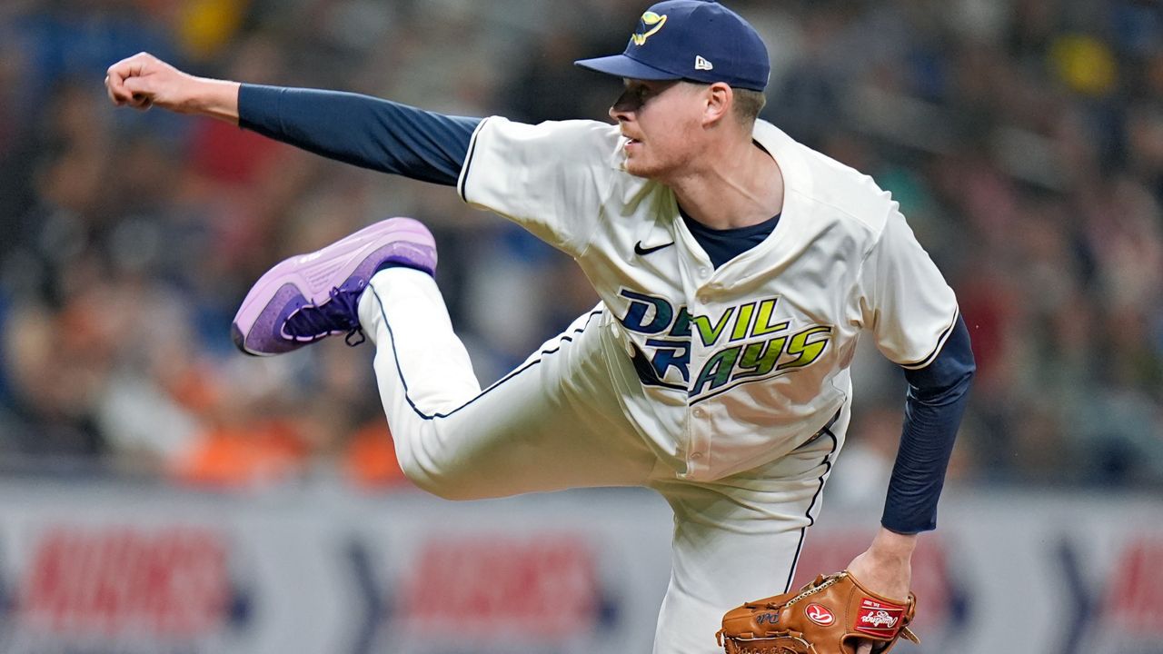 Tampa Bay Rays' Pete Fairbanks follows through on a pitch to the San Francisco Giants during the 9th inning on Friday, April 12, 2024, in St. Petersburg. (AP Photo/Chris O'Meara)