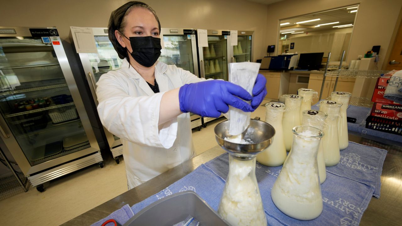 Rebecca Heinrich, director of the Mothers' Milk Bank, loads frozen milk donated by lactating mothers from plastic bags into bottles for distribution to babies Friday, May 13, 2022, at the foundation's headquarters in Arvada, Colo. (AP Photo/David Zalubowski)