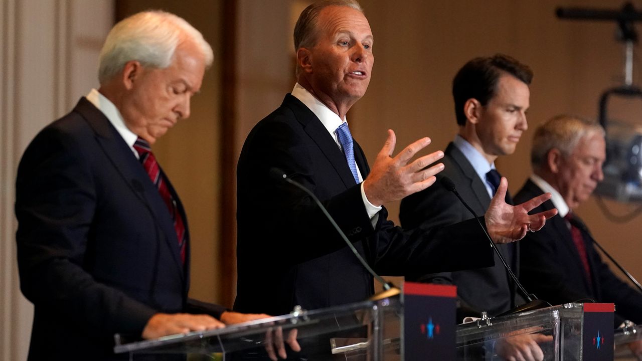 From left, Republican candidates for California Governor John Cox, Kevin Faulconer, Kevin Kiley and Doug Ose participate in a debate at the Richard Nixon Presidential Library Wednesday, Aug. 4, 2021, in Yorba Linda, Calif. (AP Photo/Marcio Jose Sanchez)