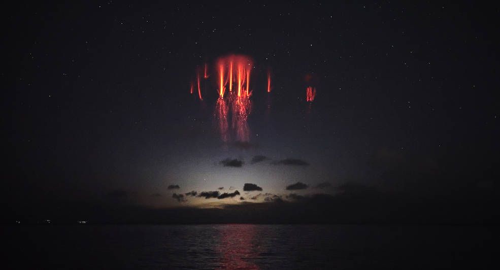 Red sprites form over the Aegean Sea near Greece on December 4, 2021. (Credit: Thanasis Papathanasiou)