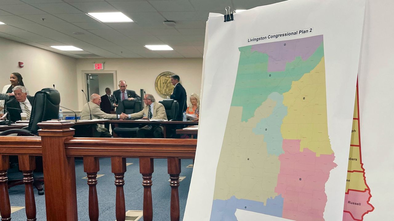 A map of a GOP proposal to redraw Alabama's congressional districts is displayed at the Alabama Statehouse in Montgomery, Ala., Tuesday, July 18, 2023. (AP Photo/Kim Chandler)