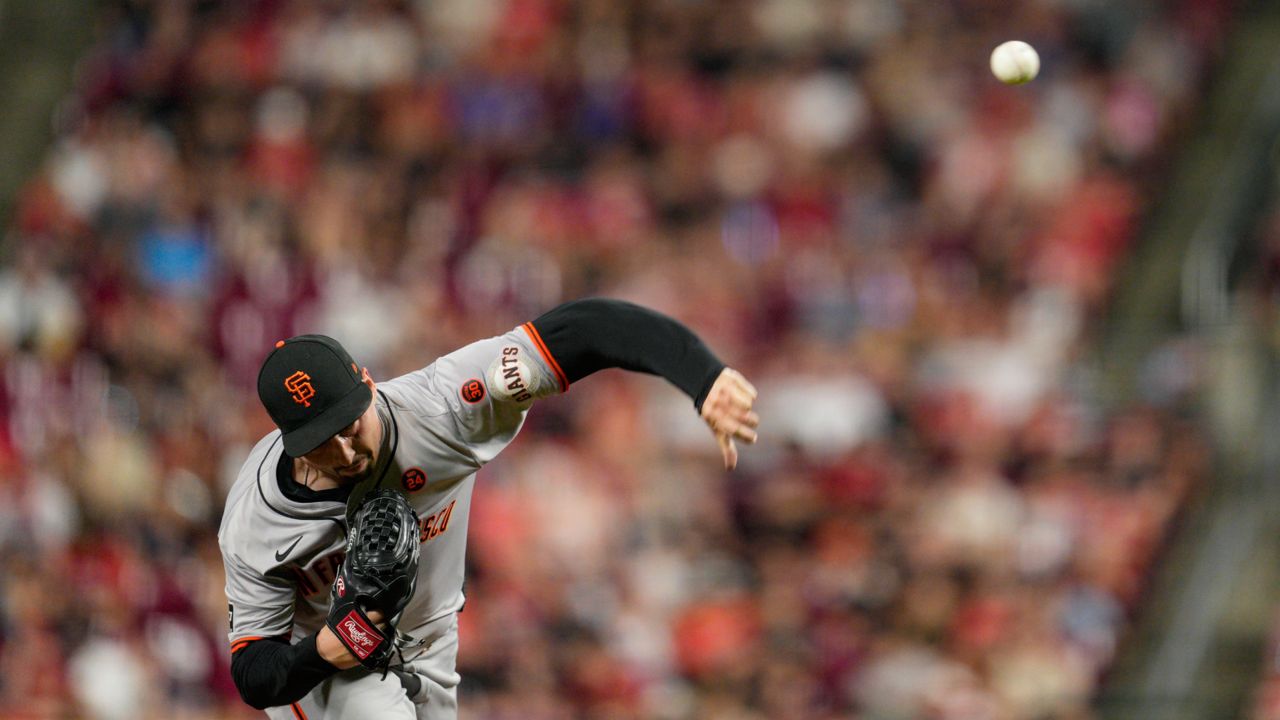 San Francisco Giants pitcher Blake Snell throws during the sixth inning of a baseball game against the Cincinnati Reds, Friday, Aug. 2, 2024, in Cincinnati.