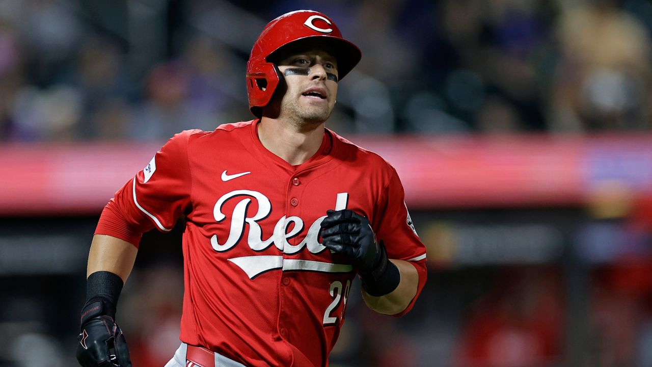 Cincinnati Reds' TJ Friedl reacts after hitting a two-run home run during the seventh inning of a baseball game against the New York Mets Friday, Sept. 6, 2024, in New York.