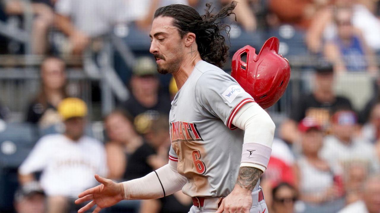 Cincinnati Reds' Jonathan India moves to score during the seventh inning of a baseball game against the Pittsburgh Pirates, Sunday, Aug. 25, 2024, in Pittsburgh.