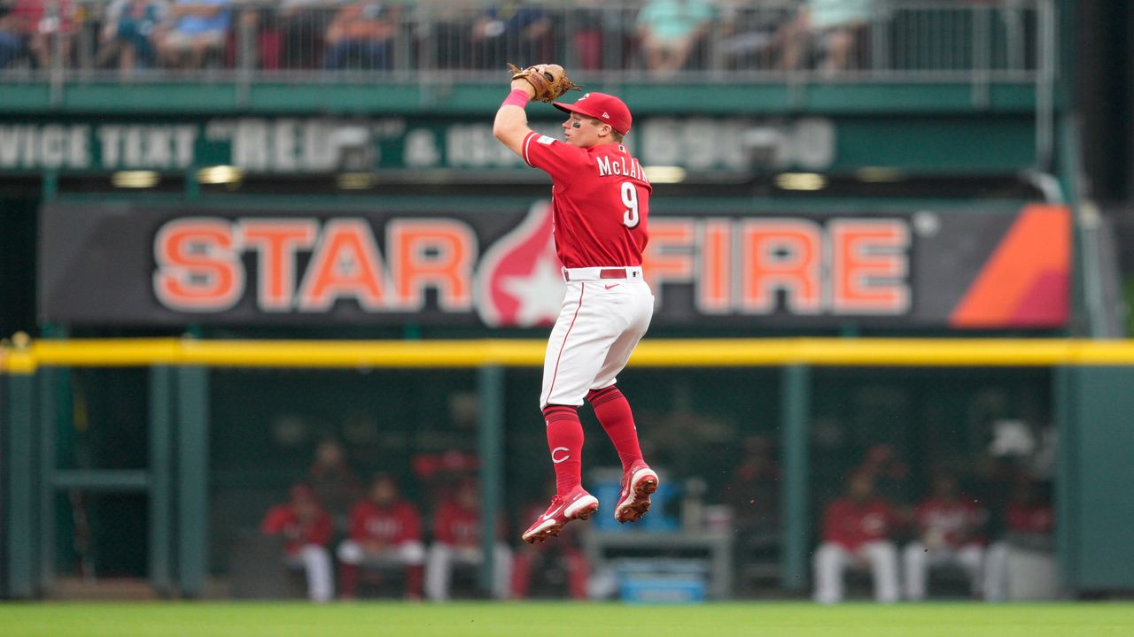 Cincinnati Reds second baseman Matt McLain (9) catches a line drive hit by Cleveland Guardians' Gabriel Arias during the second inning of a baseball game in Cincinnati, Wednesday, Aug. 16, 2023. (AP Photo/Jeff Dean)