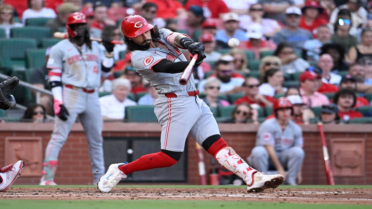 Cincinnati Reds' Jonathan India hits an RBI double against the St. Louis Cardinals during the second inning of a baseball game Thursday, June 27, 2024, in St. Louis. (AP Photo/Joe Puetz)