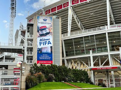 The Cincinnati Reds show their support for Cincinnati's World Cup bid with a banner outside their stadium in downtown Cincinnati (Provided)