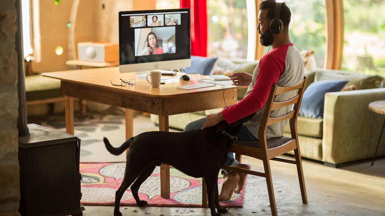 A man working in his home office with his dog