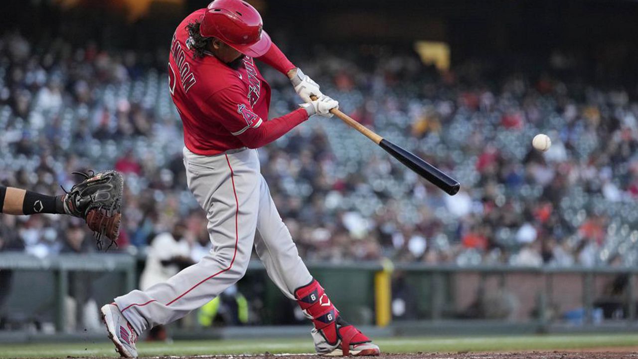 Los Angeles Angels' Anthony Rendon hits a two-run single against the San Francisco Giants during the third inning of a baseball game Tuesday, June 1, 2021, in San Francisco. (AP Photo/Tony Avelar)