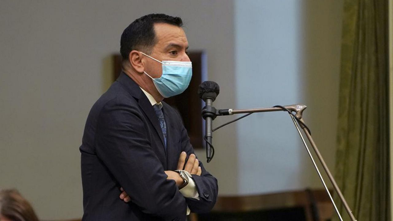 In this July 15, 2021, file photo, Assembly Speaker Anthony Rendon, D-Lakewood, wears a face mask as he addresses the Assembly in Sacramento, Calif. (AP Photo/Rich Pedroncelli, File)