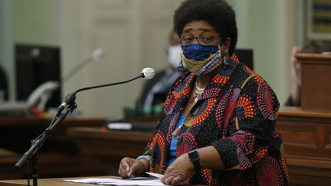 FILE - In this June 11, 2020, file photo, then-Assemblywoman Shirley Weber calls on lawmakers to create a task force to study and develop reparation proposals for African Americans, during the Assembly session in Sacramento, Calif.  (AP Photo/Rich Pedroncelli, File)