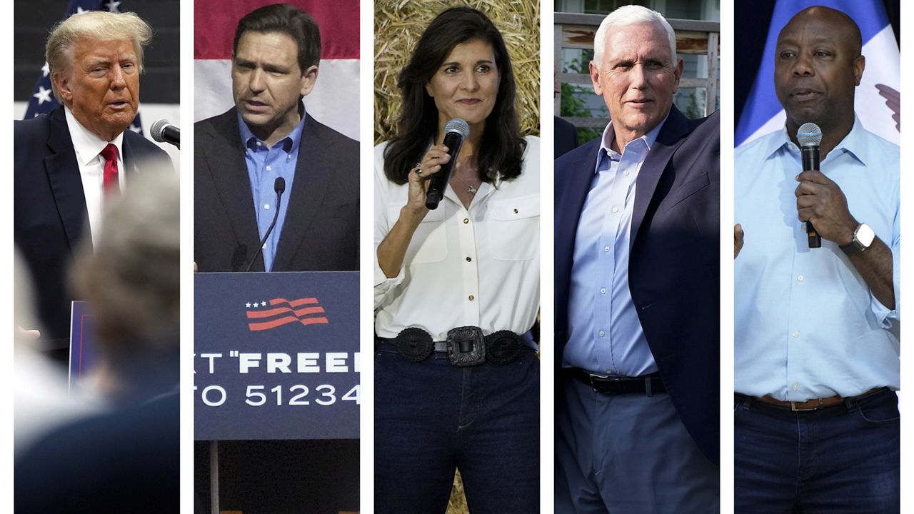  from left, former President Donald Trump, Florida Gov. Ron DeSantis, former U.N. Ambassador Nikki Haley, former Vice President Mike Pence and South Carolina Sen. Tim Scott (AP Photo/Charlie Neibergall, Meg Kinnard)