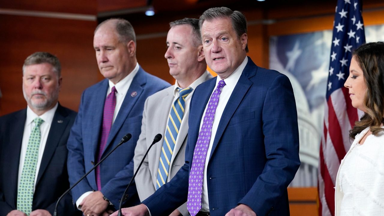 House Intelligence Committee ranking member Rep. Mike Turner, R-Ohio, second from right, speaks Friday during a news conference on Capitol Hill. (AP Photo/Susan Walsh)