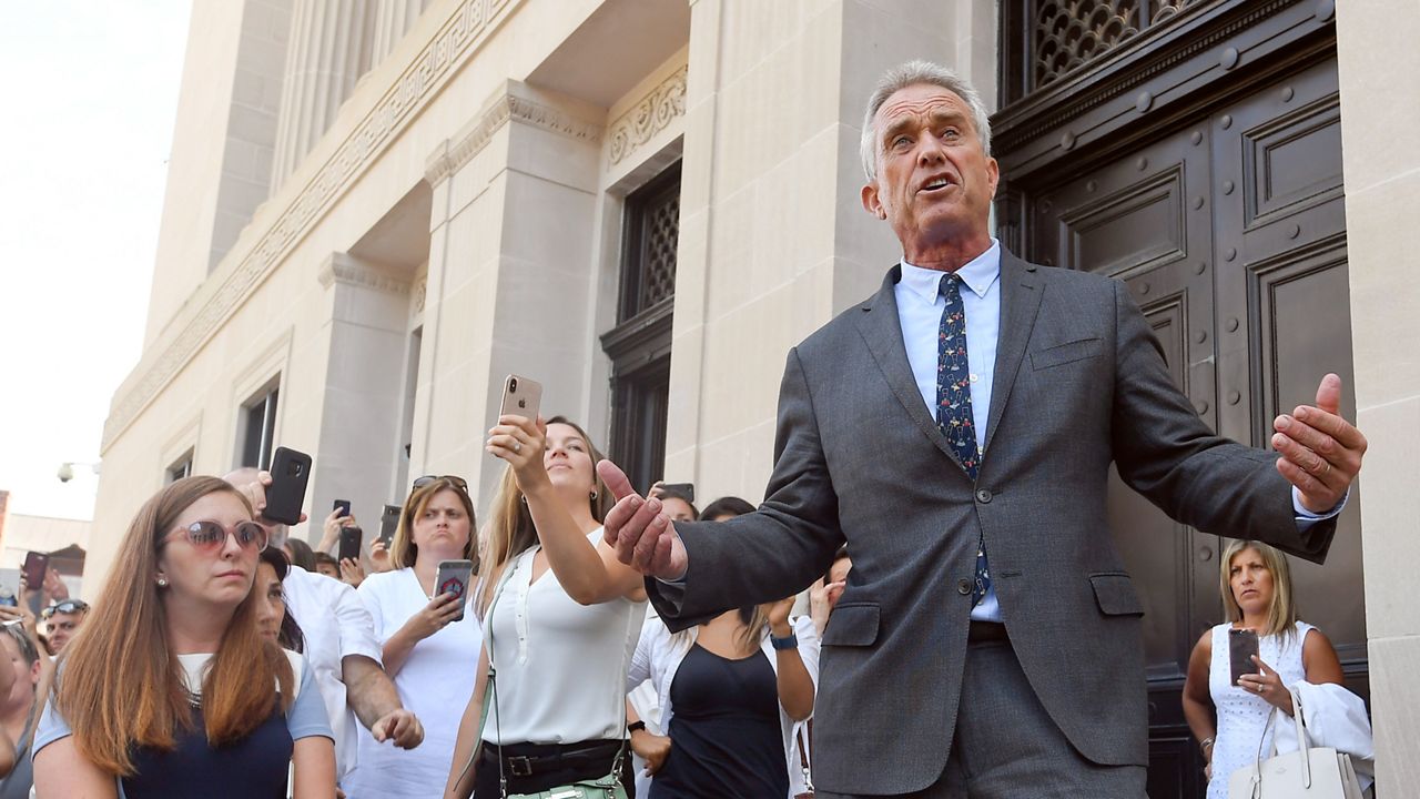 Attorney Robert F. Kennedy Jr. speaks outside the Albany County Courthouse, Aug. 14, 2019, in Albany, N.Y. Kennedy Jr., an anti-vaccine activist and scion of one of the country’s most famous political families, is running for president. Kennedy, a Democrat, filed a statement of candidacy Wednesday, April 6, 2023, with the Federal Election Commission. (AP Photo/Hans Pennink, File)