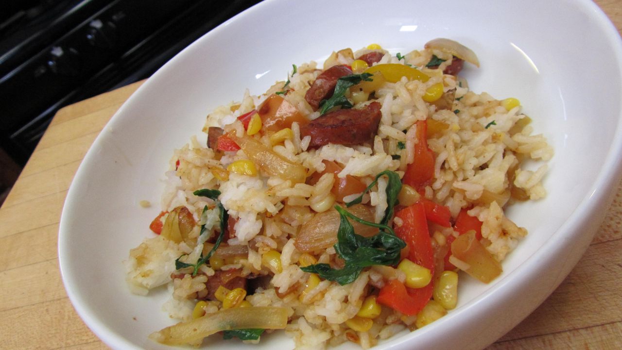 Rice Bowl with Chorizo, Peppers, Onions and Corn