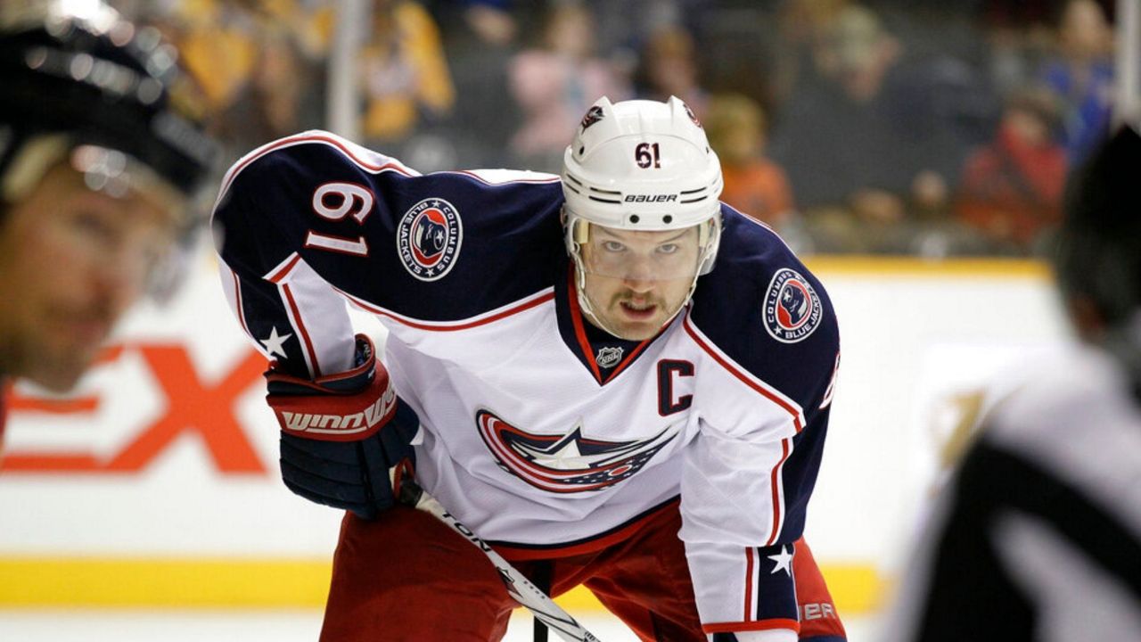 Columbus Blue Jackets right wing Rick Nash (61) plays against the Nashville Predators in the first period of an NHL hockey game on Saturday, Nov. 19, 2011, in Nashville, Tenn. (AP Photo/Mark Humphrey)