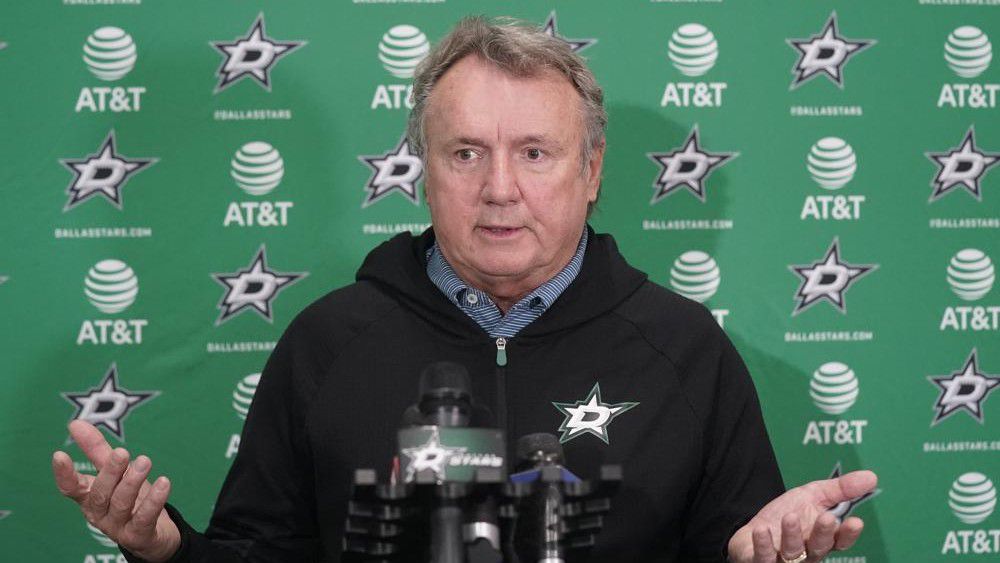 Dallas Stars NHL hockey team head coach Rick Bowness speaks to reporters during a season-ending media availability at the team's headquarters in Frisco, Texas, Tuesday, May 17, 2022. (AP Photo/LM Otero)