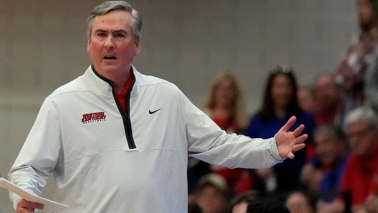 Western Kentucky head coach Rick Stansbury reacts to a referee's call during the second half of an NCAA college basketball game against Florida Atlantic, Jan. 28, 2023, in Boca Raton, Fla. Stansbury has resigned after seven seasons as Western Kentucky’s head coach and cited a need to focus on his health and family. (AP Photo/Rebecca Blackwell)