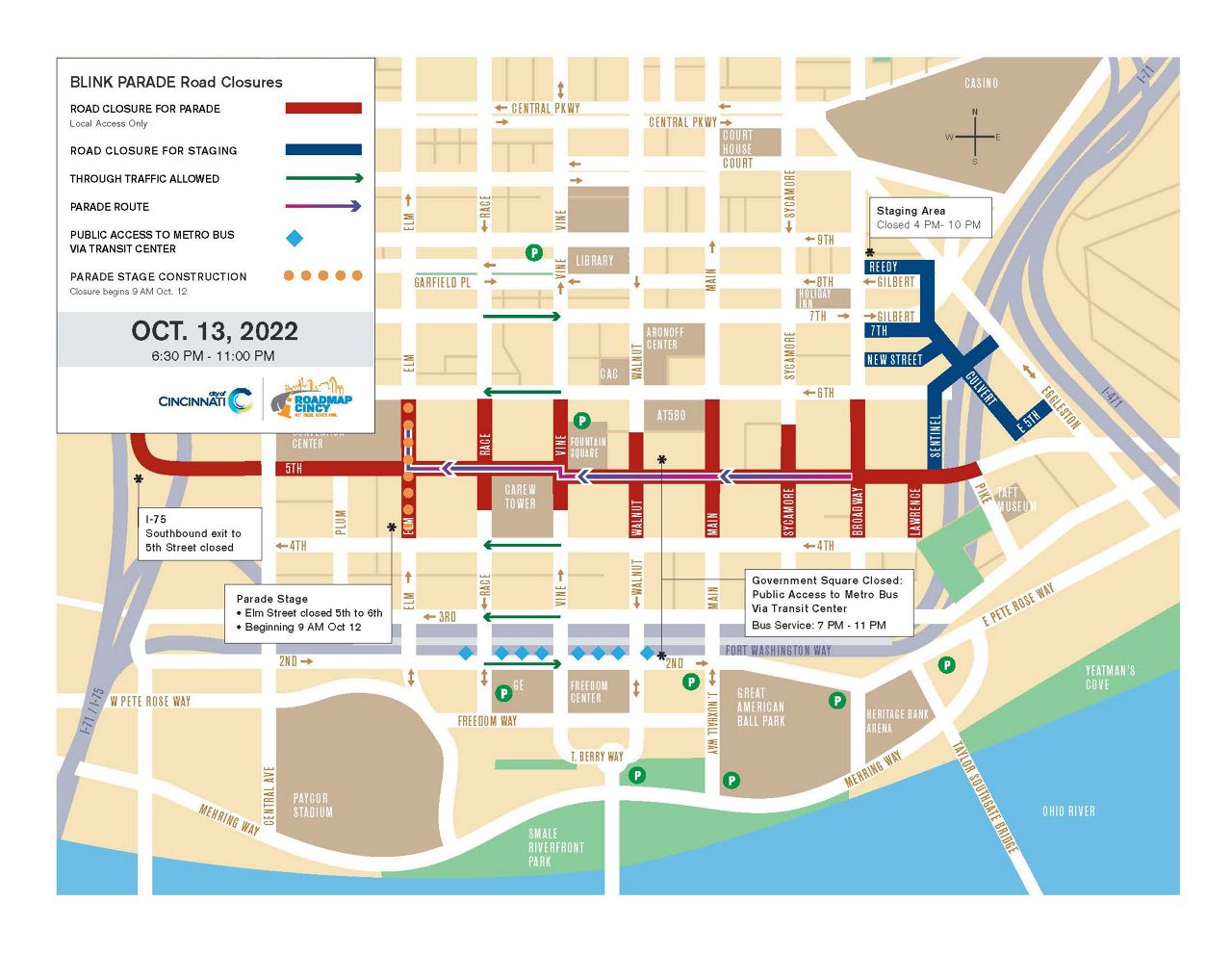 A map of road closures during the BLINK Parade on Thursday, Oct. 13. (Photo courtesy of City of Cincinnati)