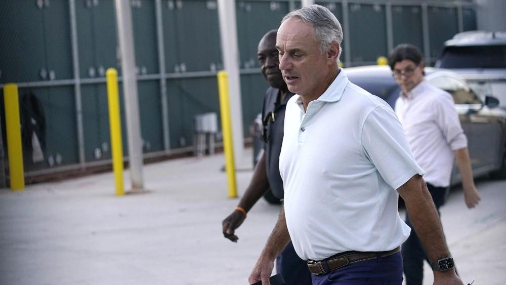 Baseball Commissioner Rob Manfred outside Roger Dean Stadium on Monday, Feb. 28, 2022, in Jupiter, Fla., after a labor negotiating session with baseball players. (AP Photo/Lynne Sladky)