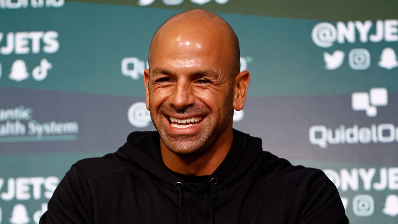 Robert Saleh smiles as he talks to the media on Friday, May 5, 2023 in Florham Park.