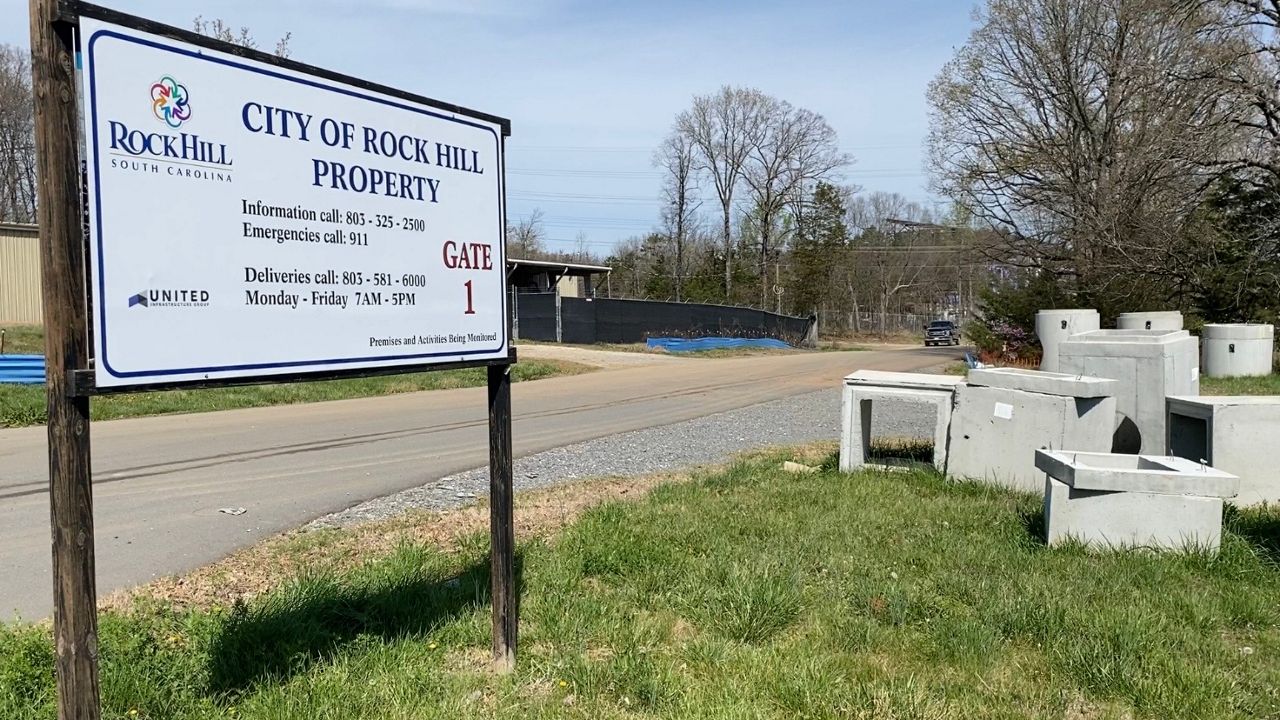Signs at the property where the Panthers facility was to be built now say it belongs to city of Rock Hill, South Carolina. (Spectrum News 1/Jacob Reynolds)