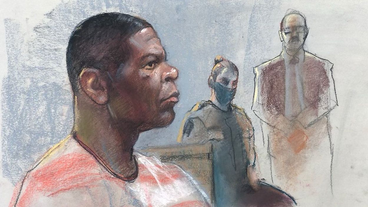 Sketch of Rodney Reed during his evidentiary hearing in July 2021. (Credit: Jorge Molina)