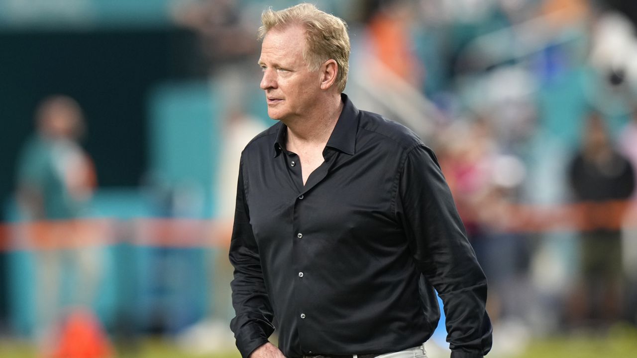 NFL Commissioner Roger Goodell walks on the field before an NFL football game between the Miami Dolphins and the Buffalo Bills, Sept. 12, 2024, in Miami Gardens, Fla. (AP Photo/Lynne Sladky, File)