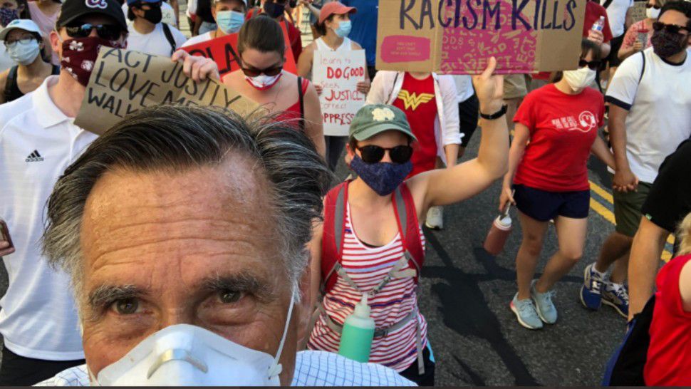 Sen. Mitt Romney marches with protesters in Washington D.C. in this image from June 7, 2020. (Sen. Mitt Romney/Twitter)