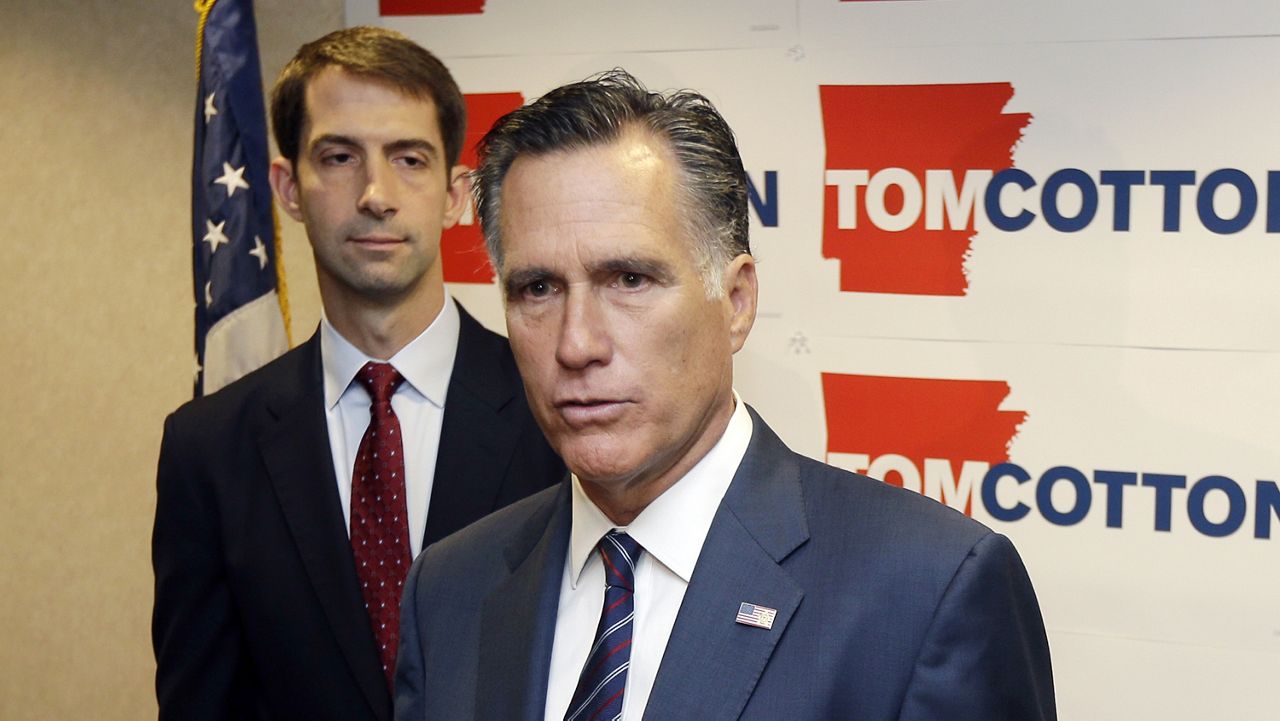 FILE PHOTO: Sens. Tom Cotton and Mitt Romney at a news conference on Thursday, Aug. 21, 2014. (AP Photo/Danny Johnston)