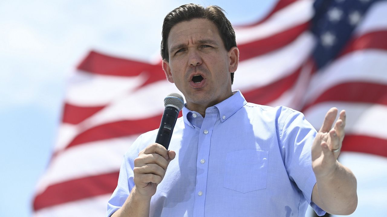 Republican presidential candidate and Florida Gov. Ron DeSantis speaks Saturday at an event in Gardnerville, Nev. (AP Photo/Andy Barron)