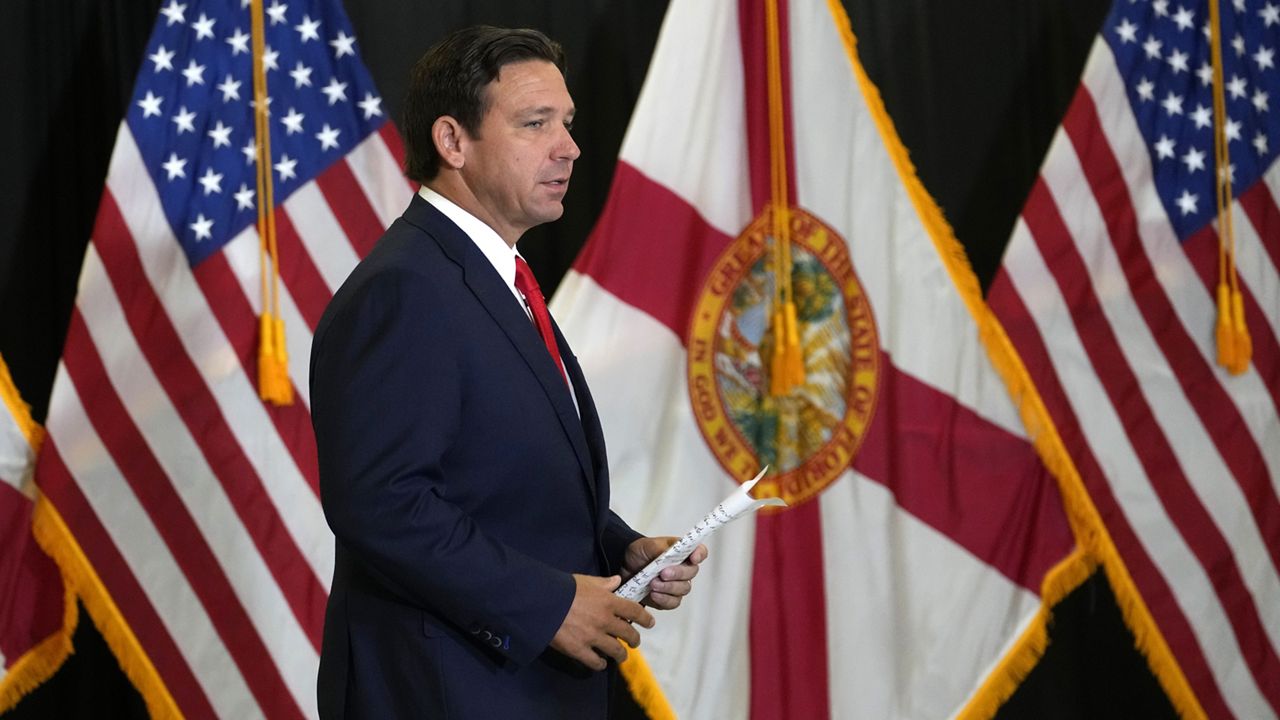 Florida Gov. Ron DeSantis arrives for a news conference in the aftermath of the apparent assassination attempt of Republican presidential nominee and former President Donald Trump Tuesday, Sept. 17, 2024, in West Palm Beach, Fla. (AP Photo/Lynne Sladky)