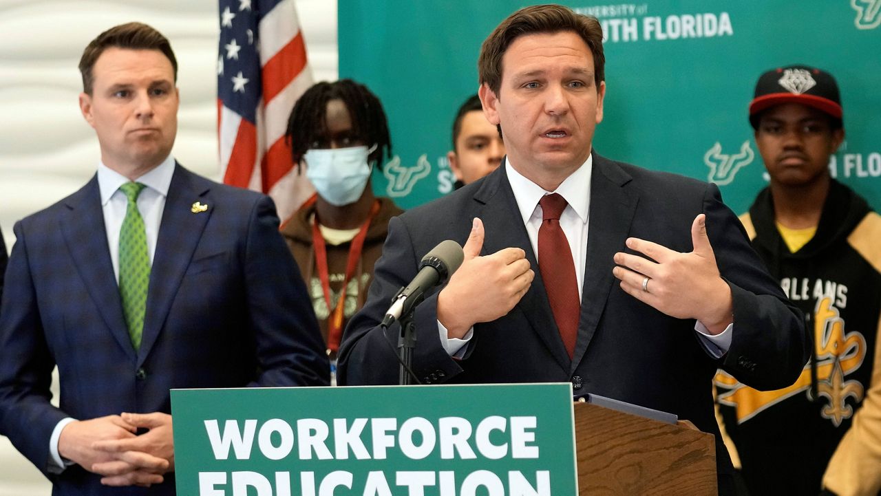 Florida Gov. Ron DeSantis speaks during a news conference Wednesday at the University of South Florida in Tampa. (AP Photo/Chris O'Meara)