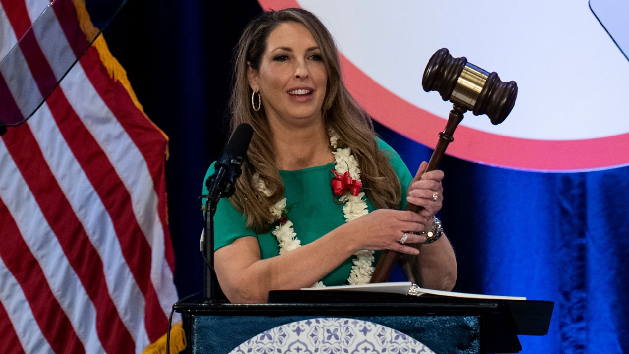 Re-elected Republican National Committee Chair Ronna McDaniel holds a gavel while speaking at the committee's winter meeting in Dana Point, Calif., Friday, Jan. 27, 2023. (AP Photo/Jae C. Hong)