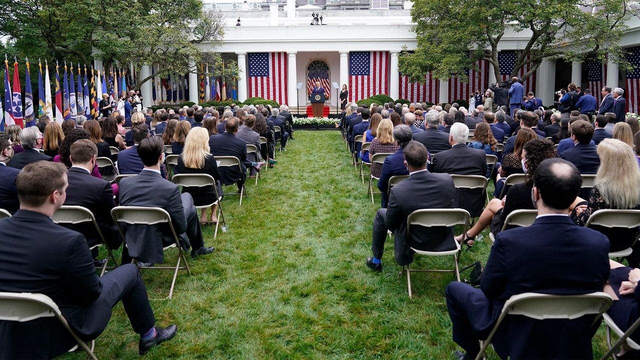 President Donald Trump speaks as he announces Judge Amy Coney Barrett as his nominee to the Supreme Court, in the Rose Garden at the White House, Saturday, Sept. 26, 2020, in Washington. (AP Photo/Alex Brandon)