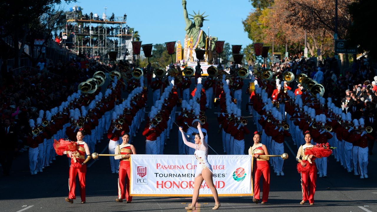 The Pasadena City College marching band performs at the 131st Rose Parade in Pasadena, Calif., Wednesday, Jan. 1, 2020. (AP Photo/Michael Owen Baker)